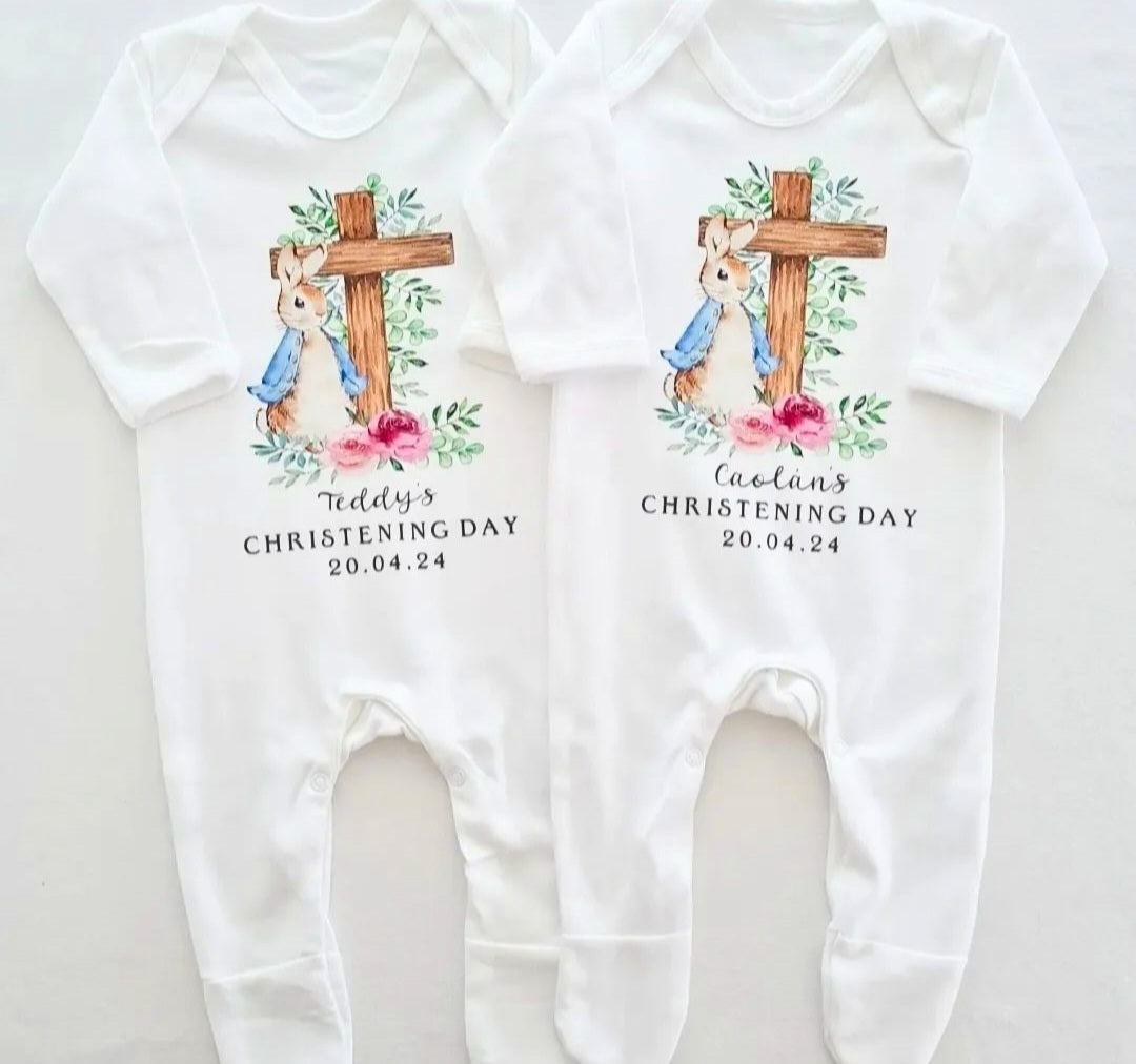 Personalised Blue Rabbit Christening Sleepsuit