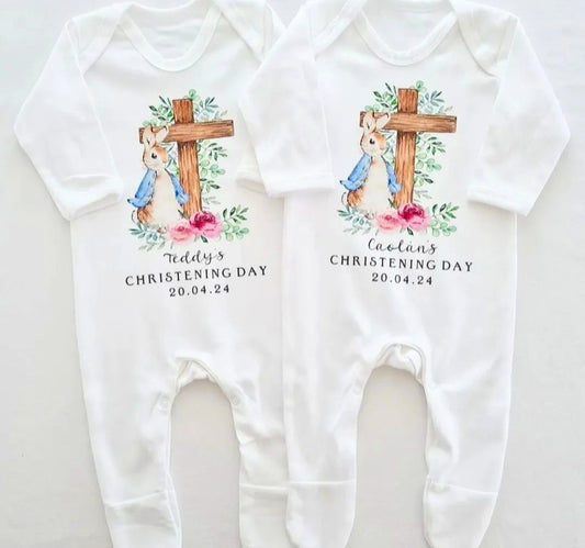 Personalised Blue Rabbit Christening Sleepsuit